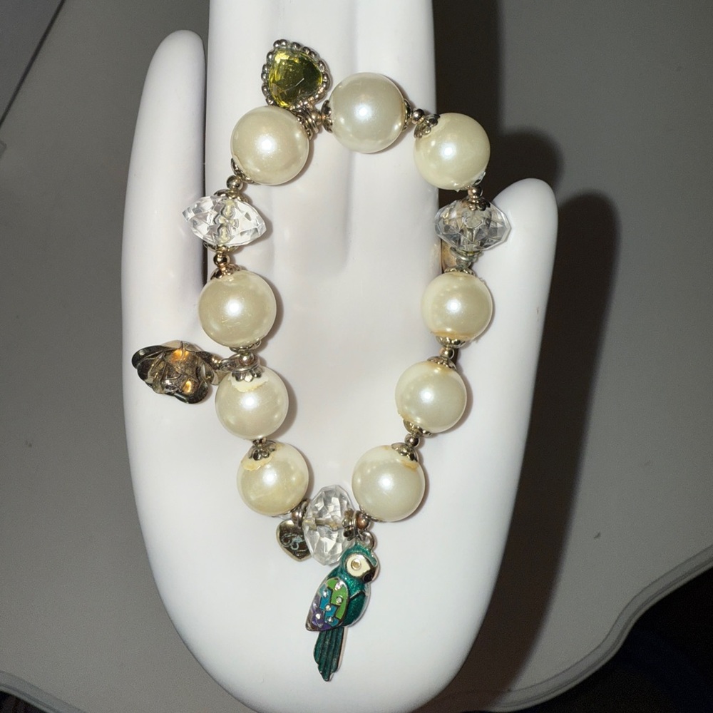 Betsy Johnson Pearl Stretchy Bracelet with Enamel Parrot, hearts and flowers